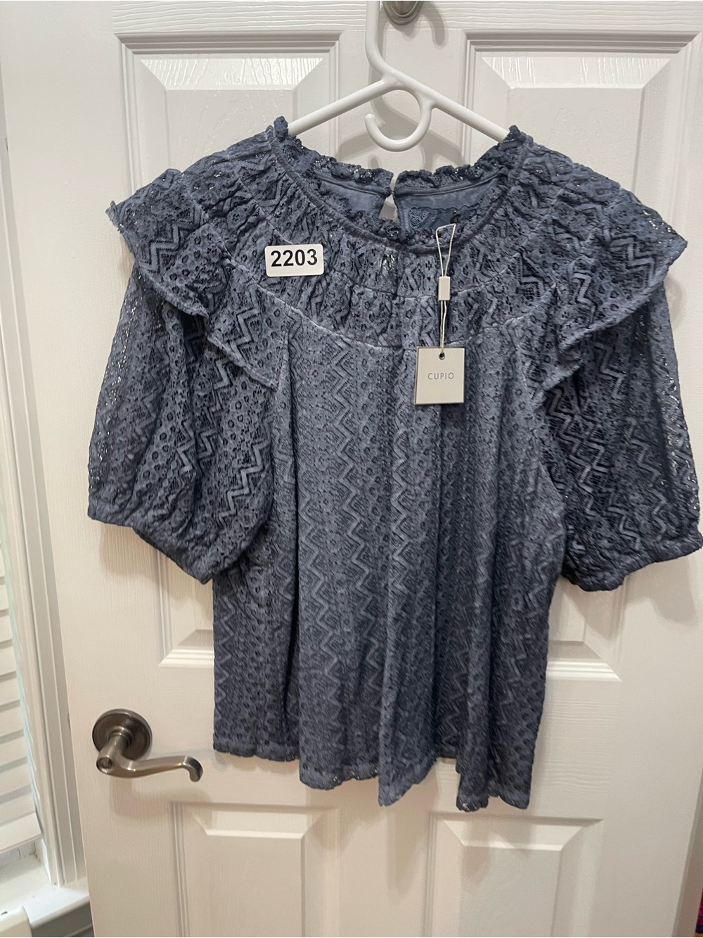 Cupio Slate Blue Lace Ruffled Puff Sleeve Blouse